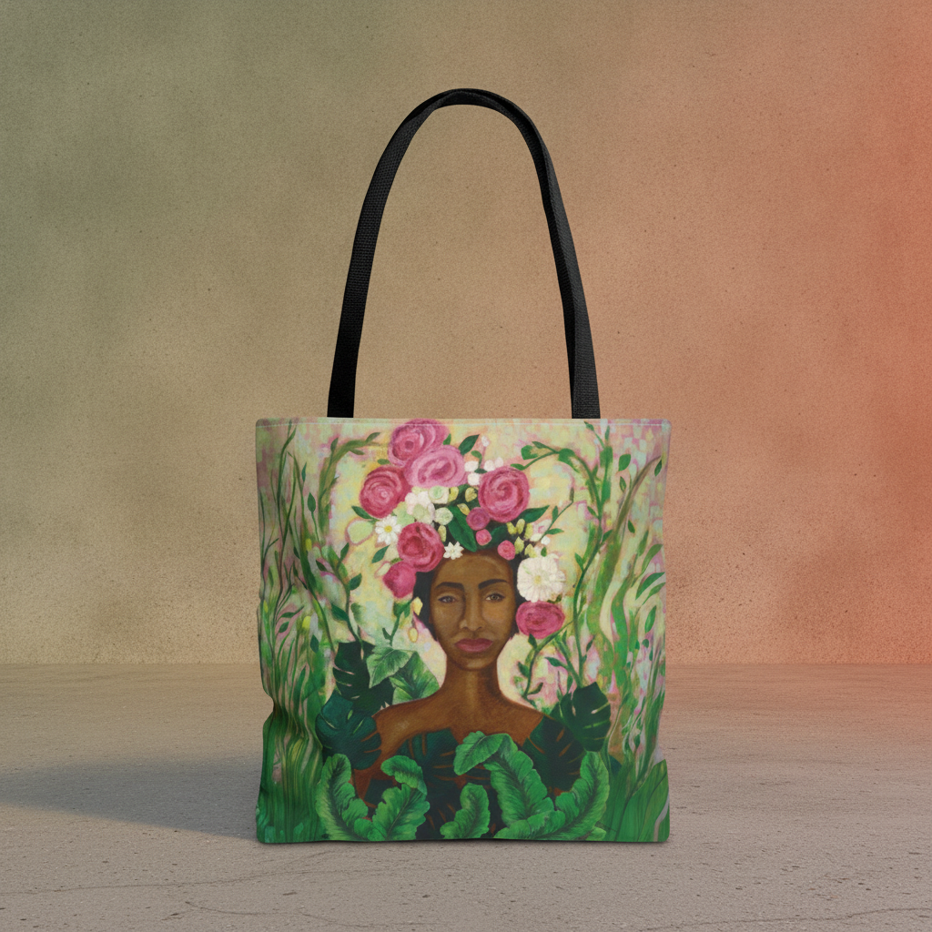 Mother Nature Art Tote Bag front view showing floral crown artwork on sage green polyester with black handles