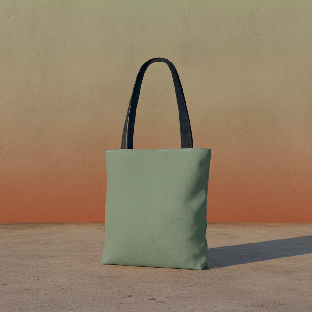 Back of the Mother Nature Art Tote Bag in solid sage green polyester with black handles