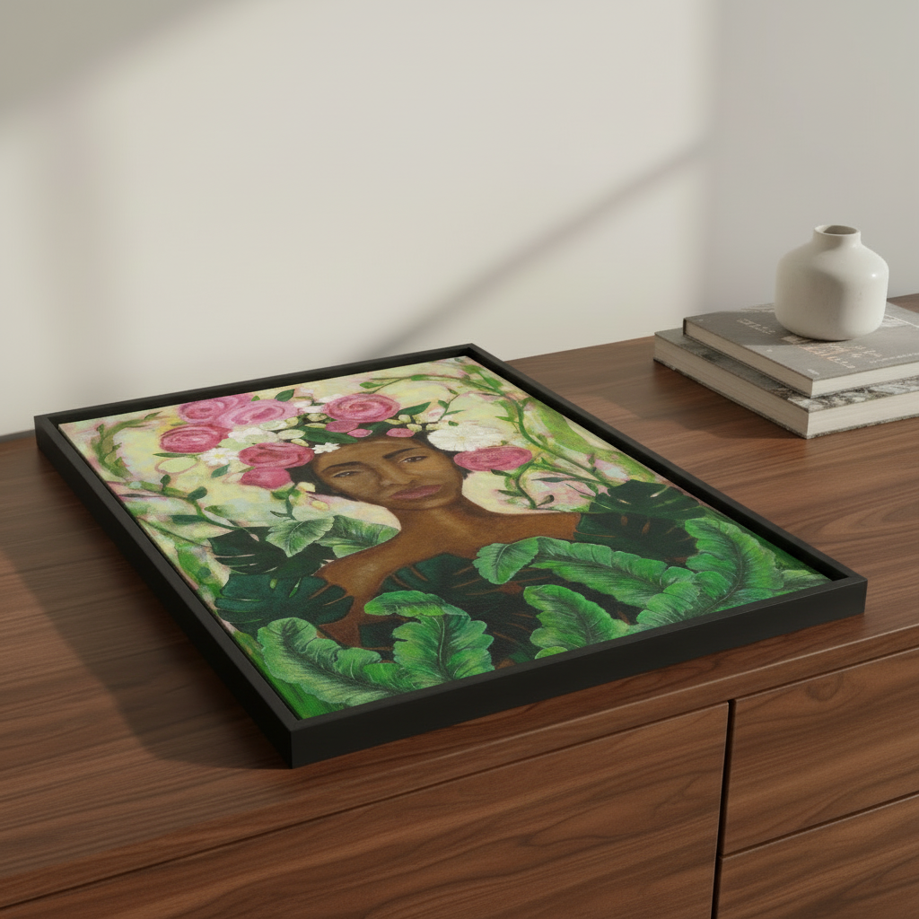 Black Woman Floral Framed Canvas Wall Art | African American Home Decor