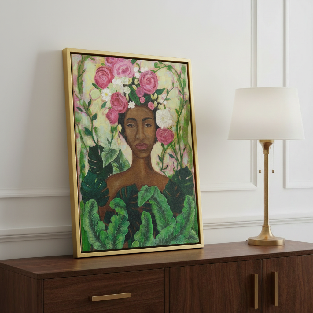 Black Woman Floral Framed Canvas Wall Art | African American Home Decor