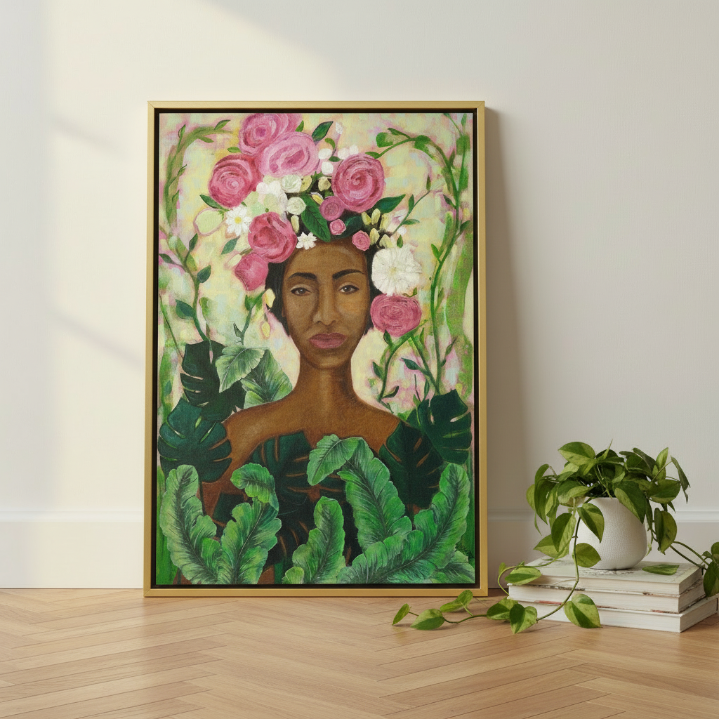 Black Woman Floral Framed Canvas Wall Art | African American Home Decor