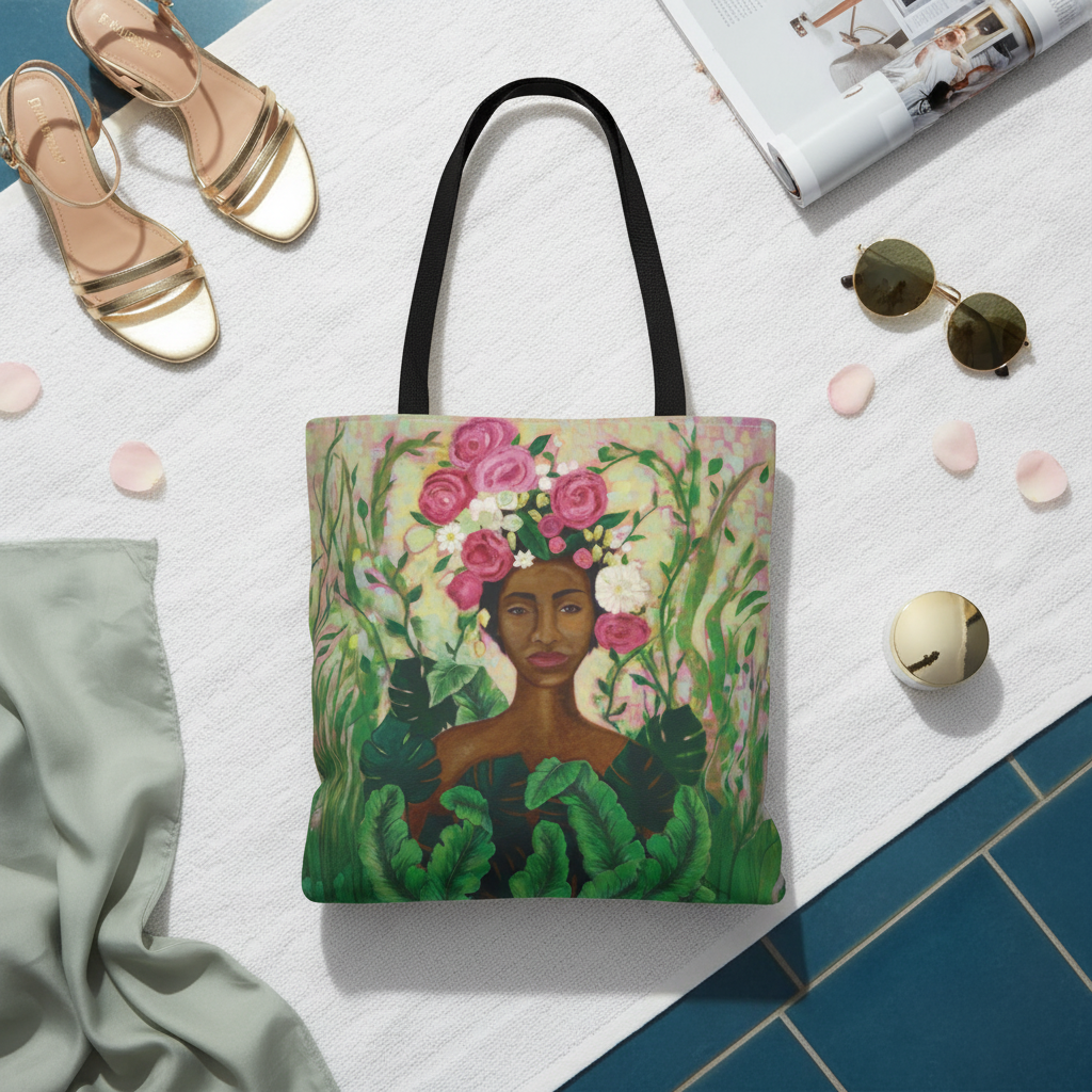 Mother Nature Art Tote Bag styled in a poolside flat lay with sandals and sunglasses