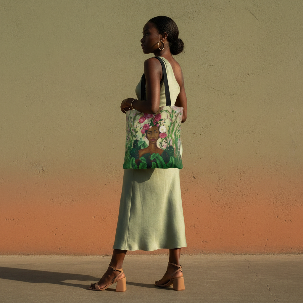 Woman carrying the Mother Nature Art Tote Bag over her shoulder in dramatic split lighting