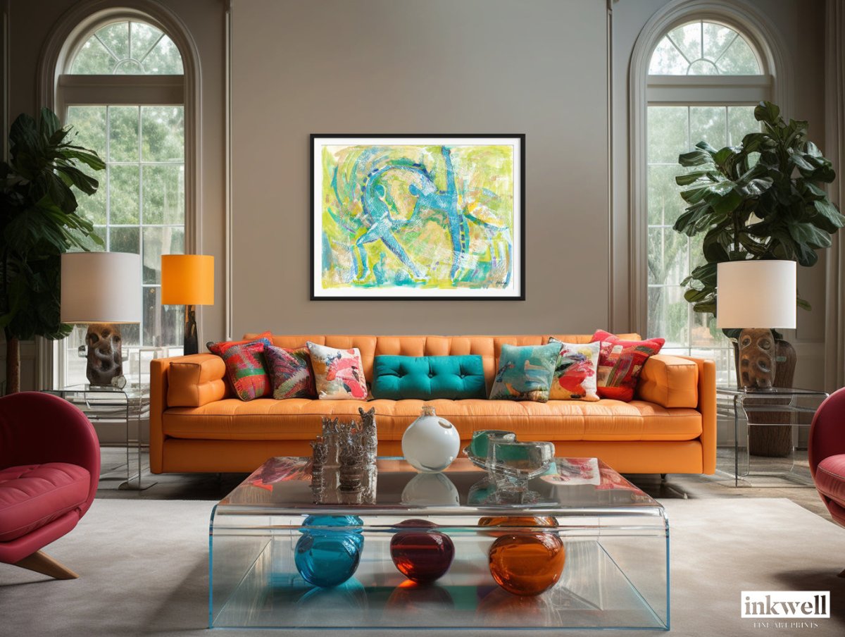 'Motion in Teal' art print: Abstract expressionist painting with swirling teal tones blended with lime green, copper, blue, and white, capturing dynamic movement and dance, featuring abstract dancer forms emerging from the brushstrokes. framed in black above an orange sofa