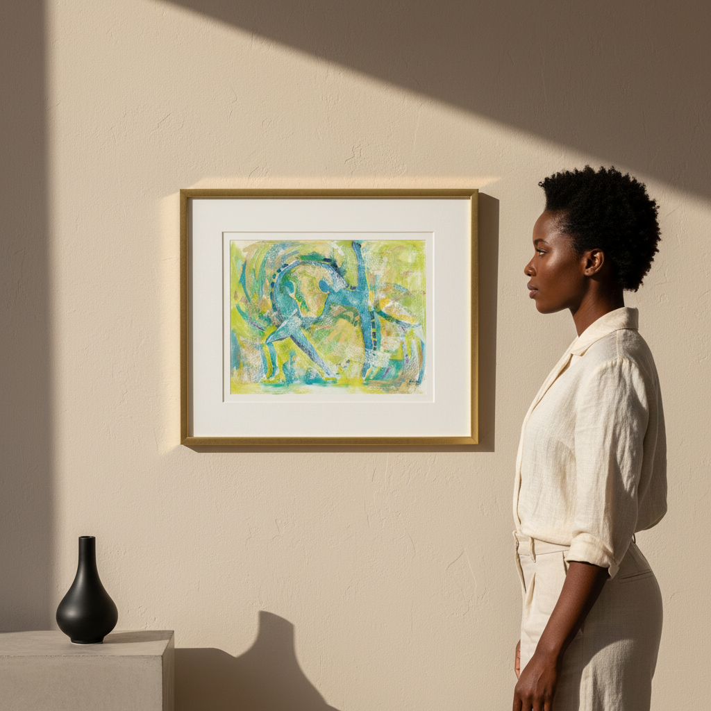 Woman standing in a room with a framed abstract painting on the wall.