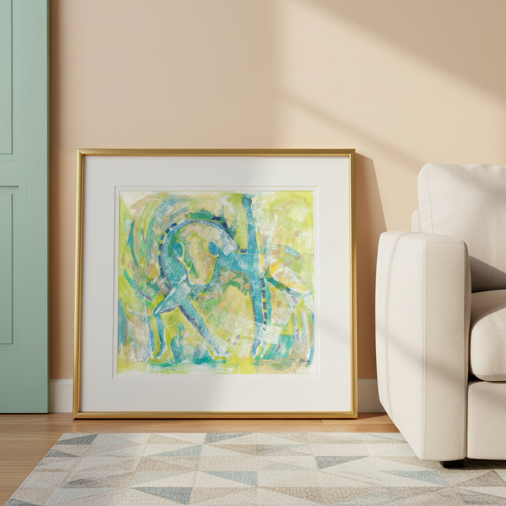 Framed abstract artwork in a living room setting with a beige sofa and patterned rug.