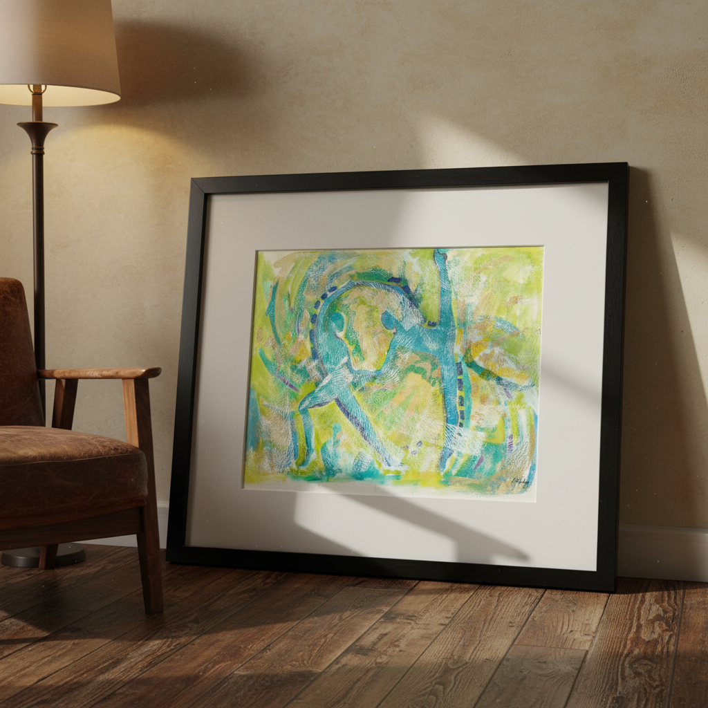 Framed abstract artwork on a wall next to a chair and lamp.