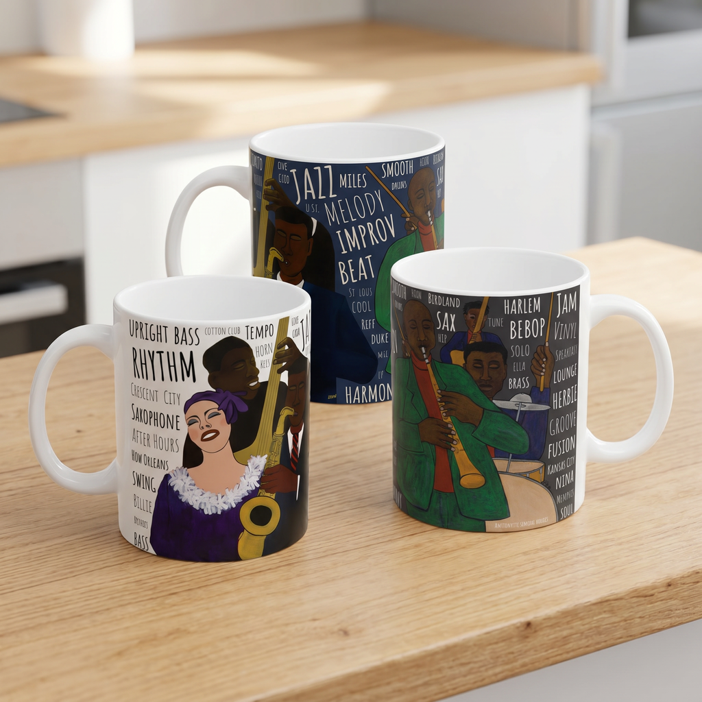 Battle of the Jazz Bands mug all five colorways — charcoal, cream, espresso, navy, and white Black art jazz ceramic mugs