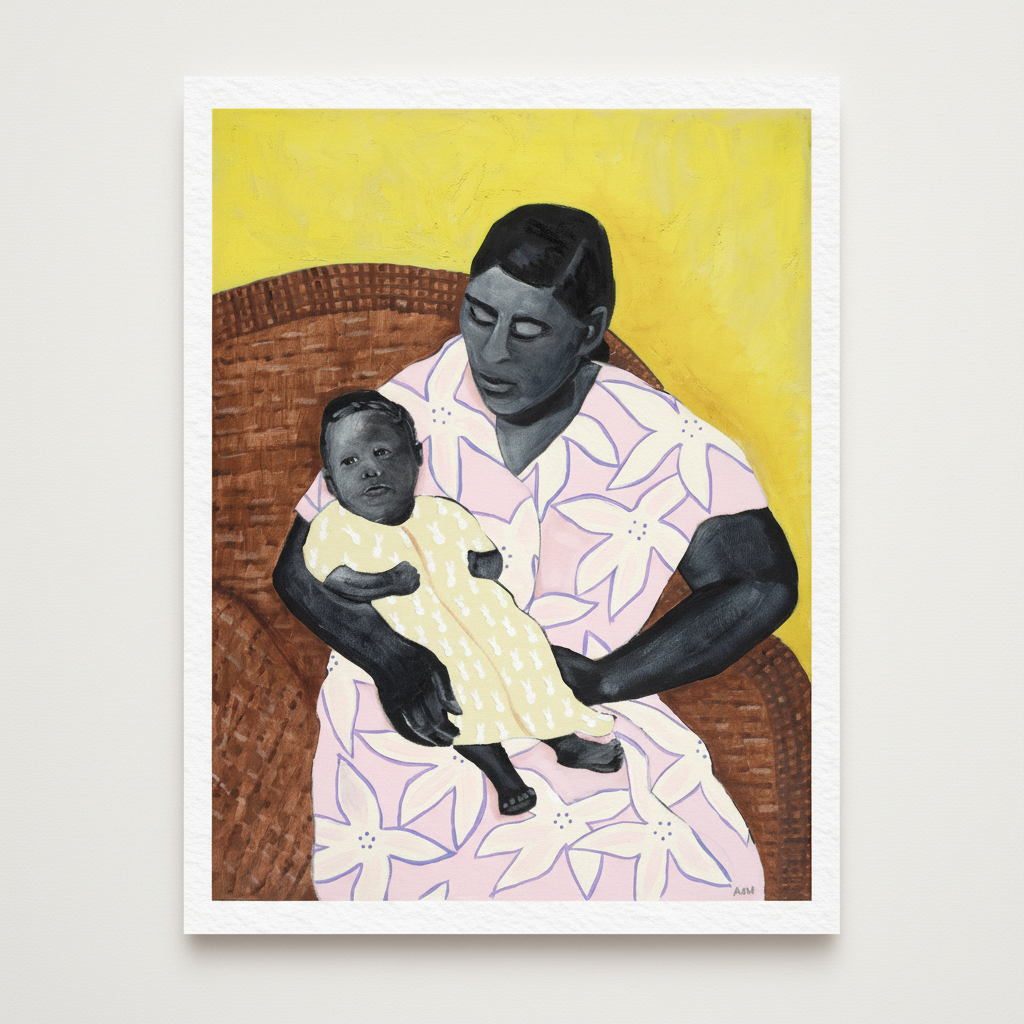 Art print of a woman holding a child against a yellow background