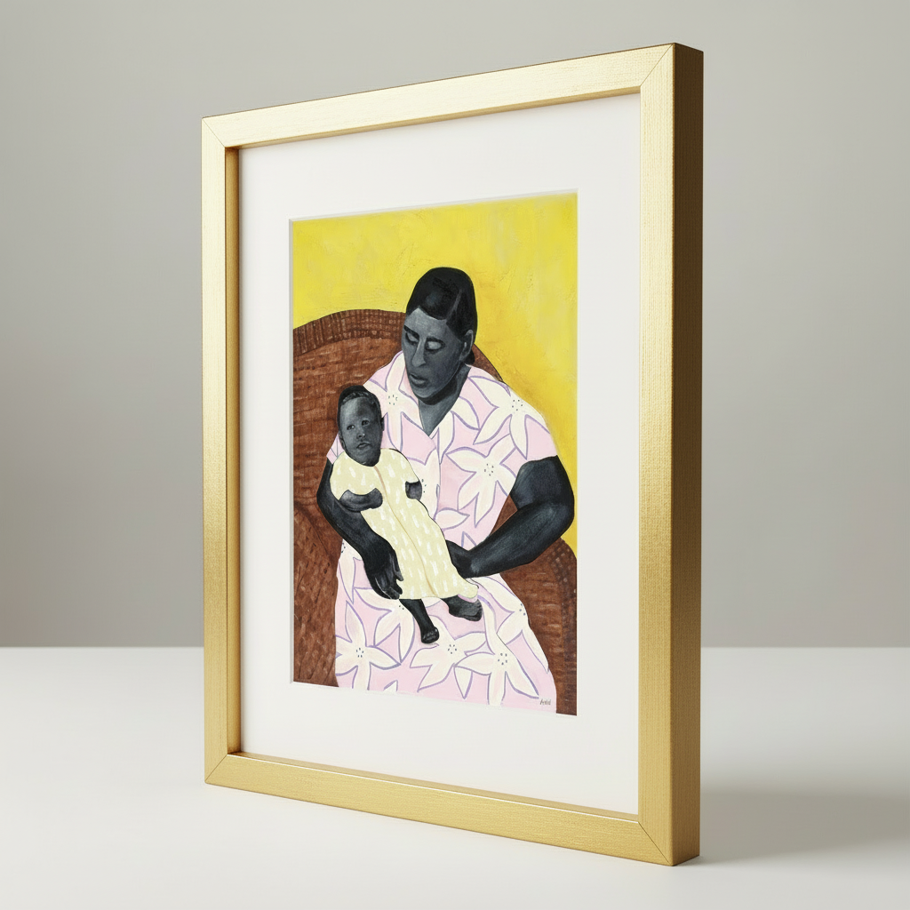 Framed artwork of a woman holding a child against a yellow background