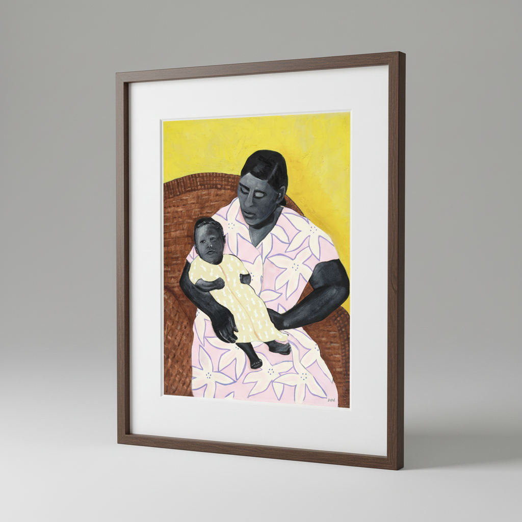 Framed artwork of a woman holding a child against a yellow background