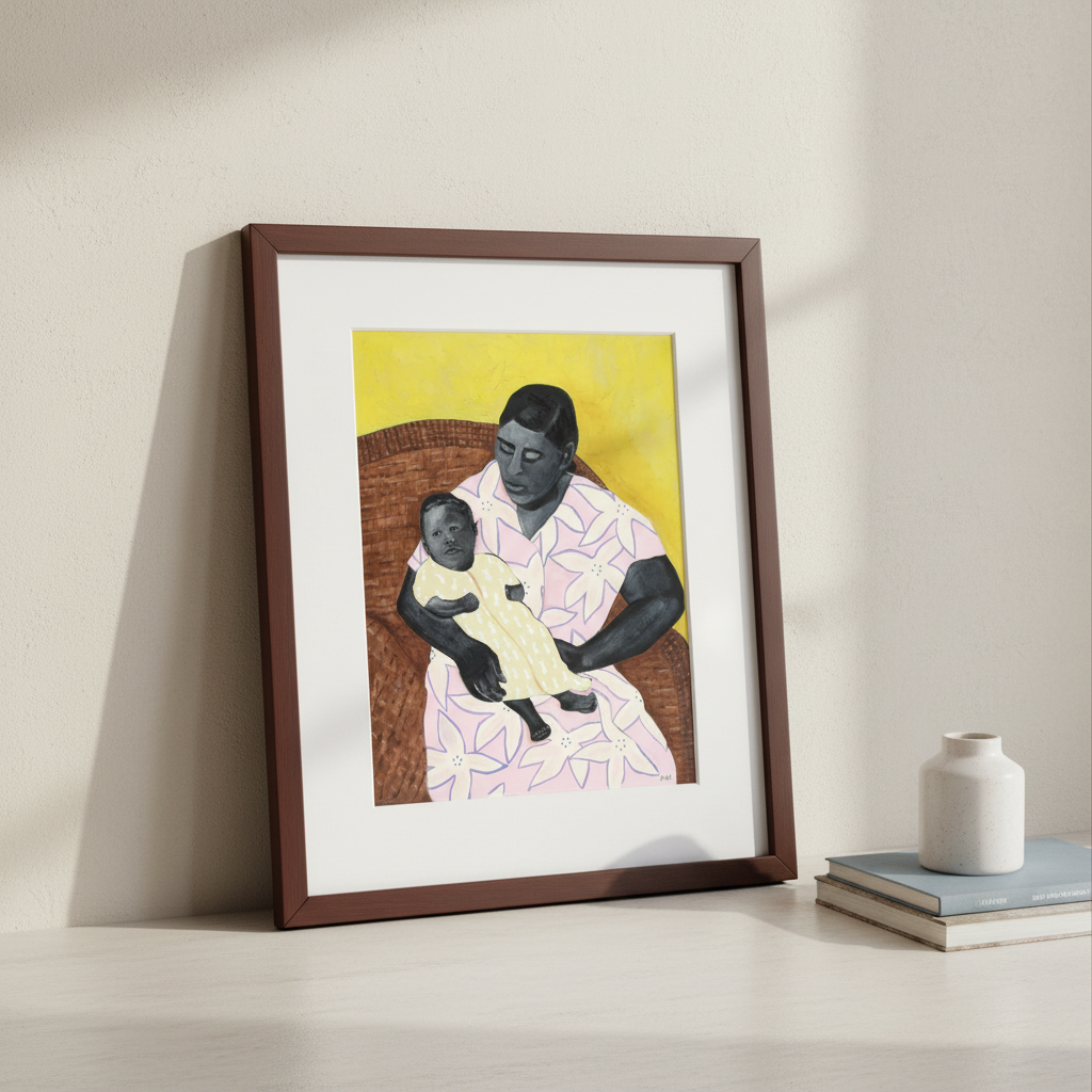 Framed artwork of a woman holding a child on a yellow background, displayed on a wall.