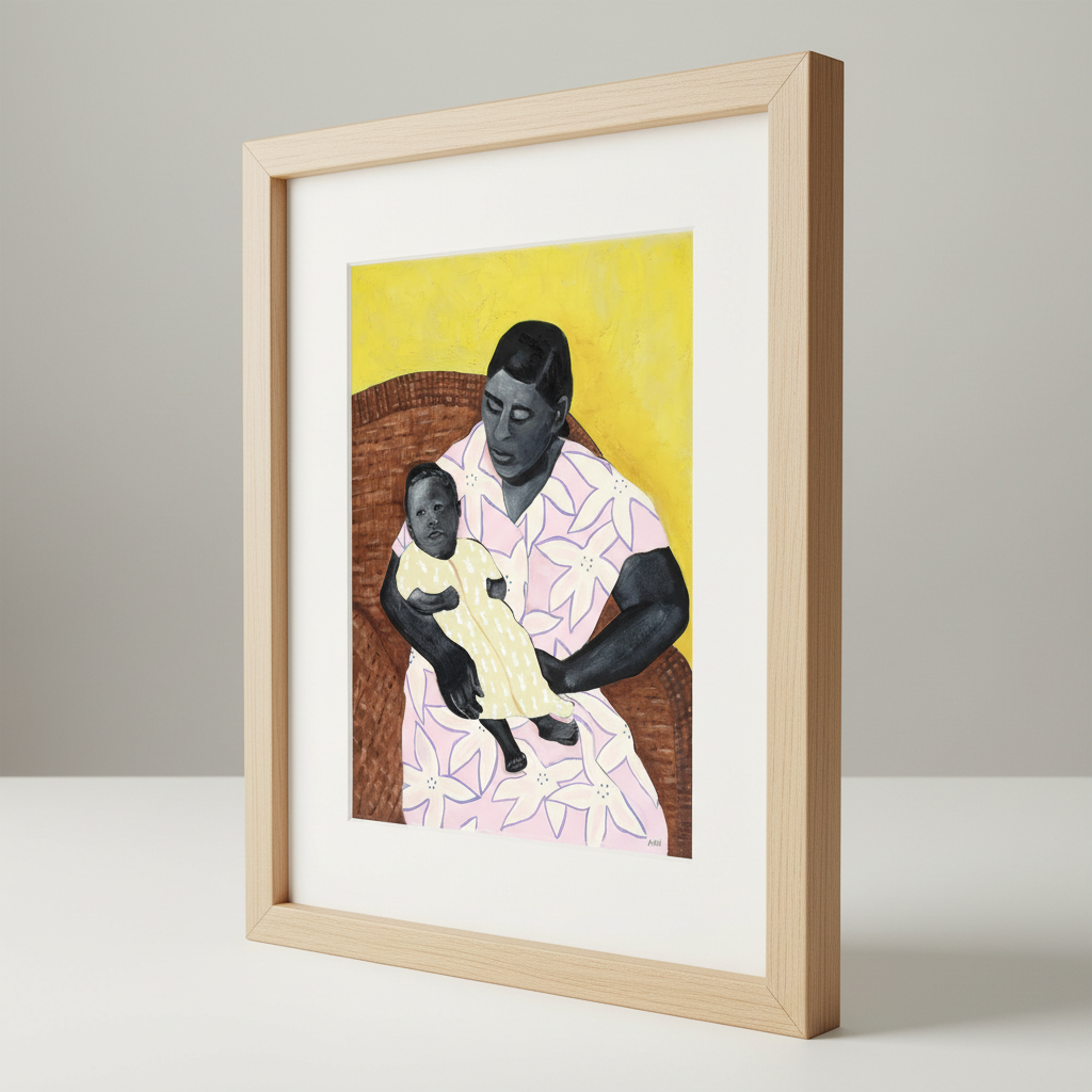 Framed artwork of a woman holding a child against a yellow background