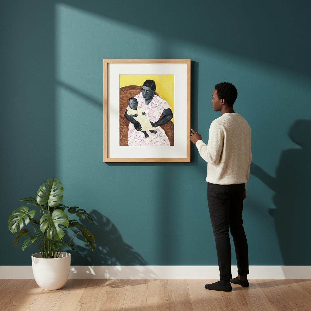 Person admiring a framed artwork of a woman holding a child on a teal wall.