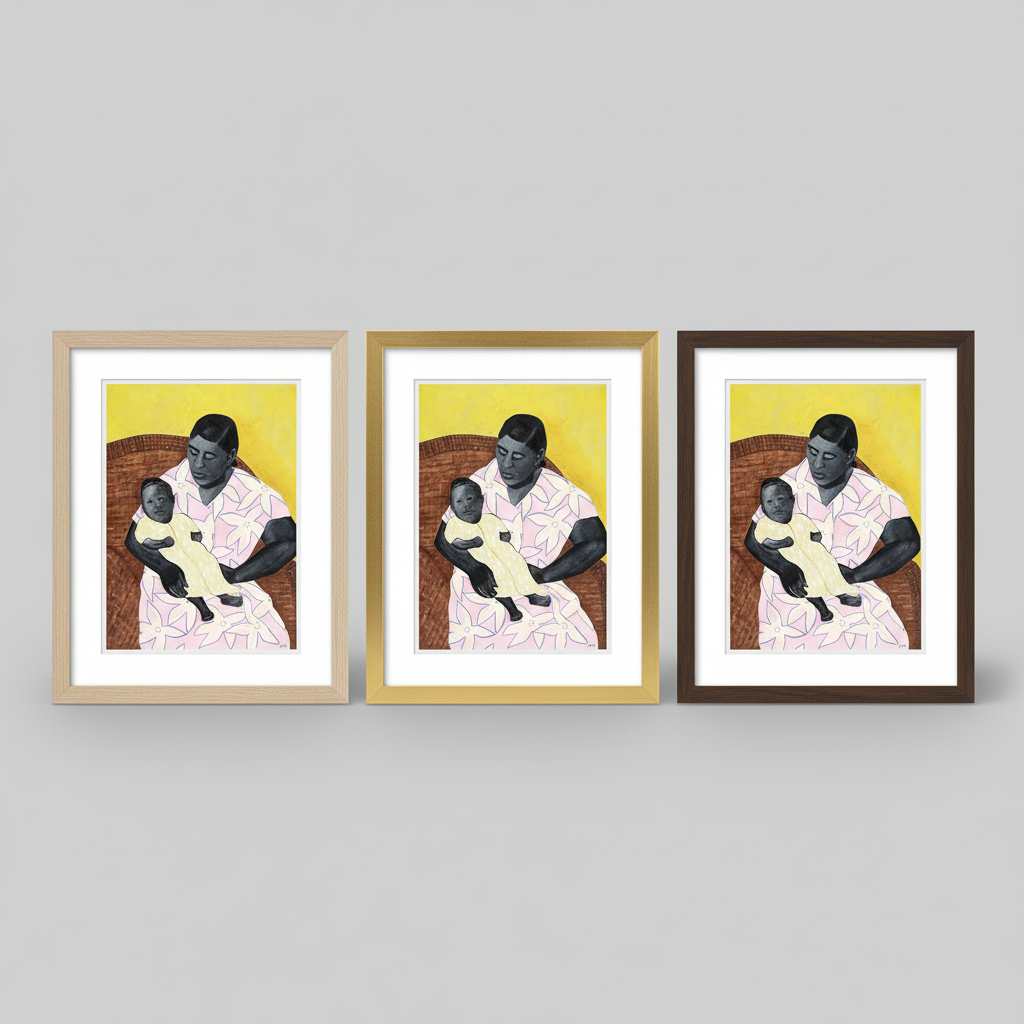 Three framed artworks of a woman holding a child on a yellow background.