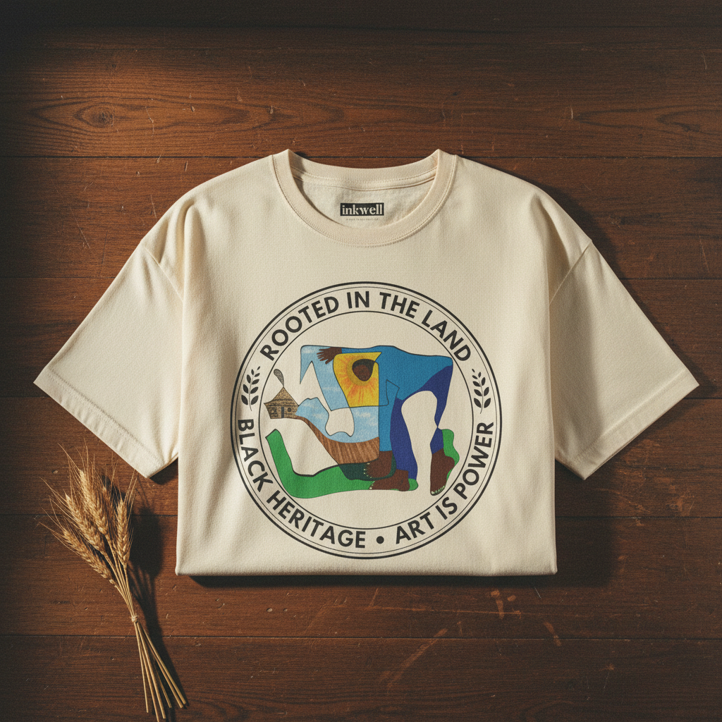 Rooted in the Land natural tee folded on wheat hardwood — Art Is Power Vol. I | Inkwell Fine Art Prints