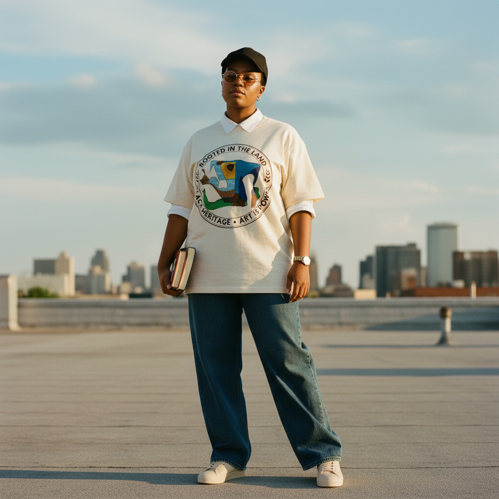 Intellectual on rooftop street wearing Rooted in the Land natural tee — Art Is Power Vol. I | Inkwell Fine Art Prints