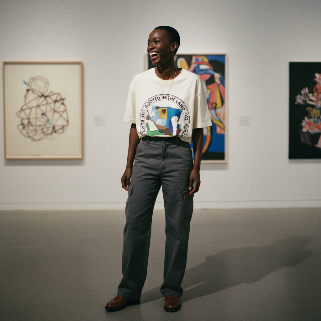 Person with shaved head in gallery wearing Rooted in the Land tee — Art Is Power Vol. I | Inkwell Fine Art Prints