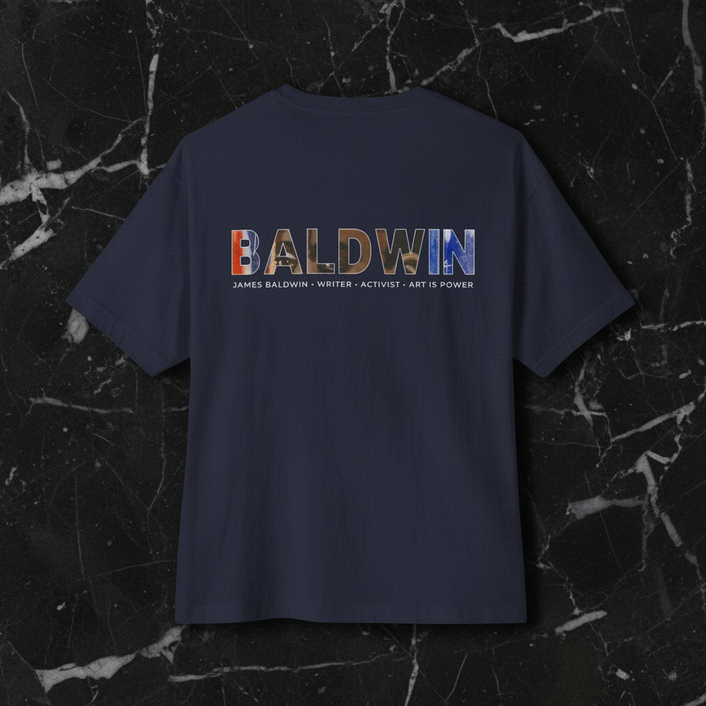 James Baldwin navy tee back flatlay — The Baldwin Set — Art Is Power Vol. I | Inkwell Fine Art Prints