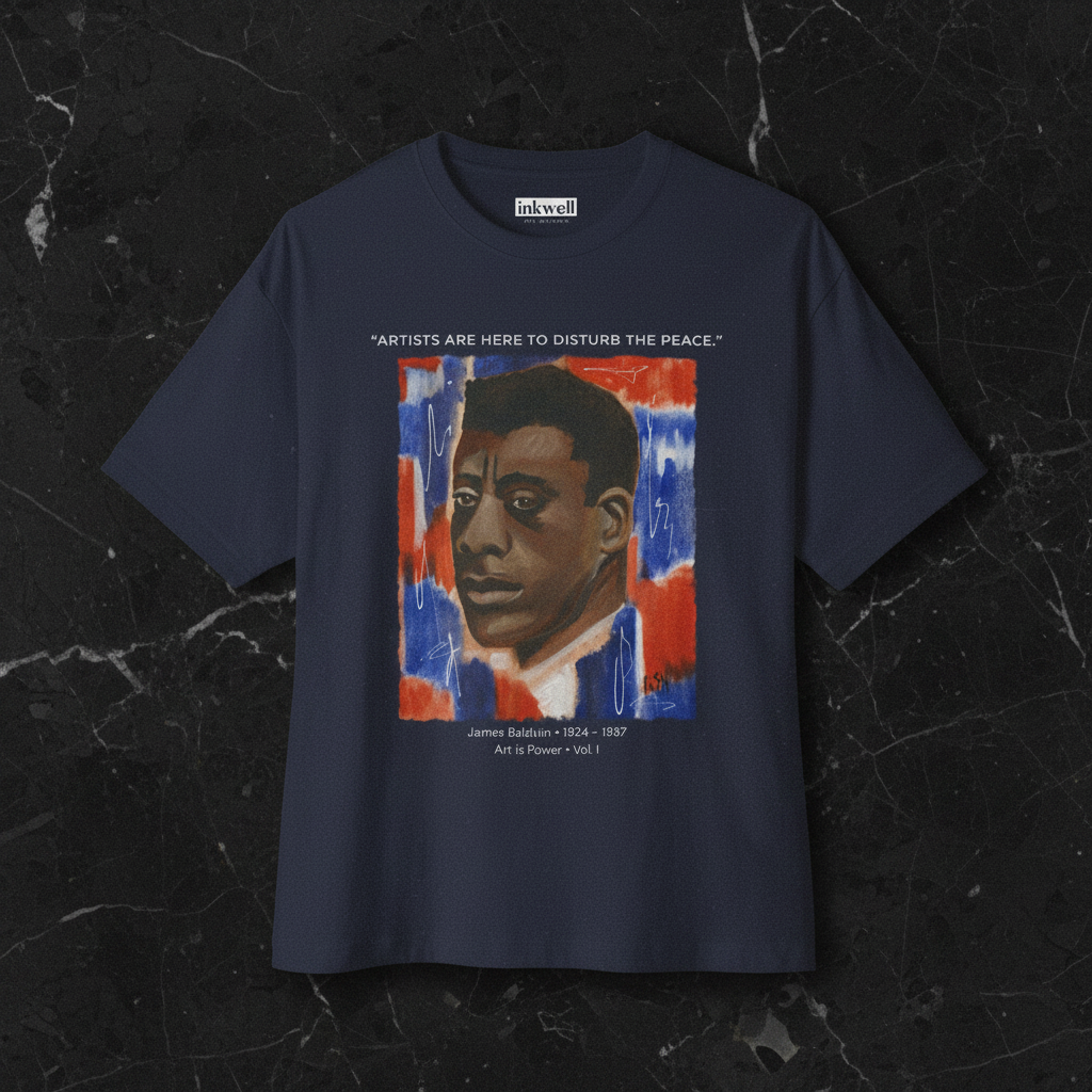 James Baldwin navy tee front flatlay — included in The Baldwin Set — Art Is Power Vol. I | Inkwell Fine Art Prints