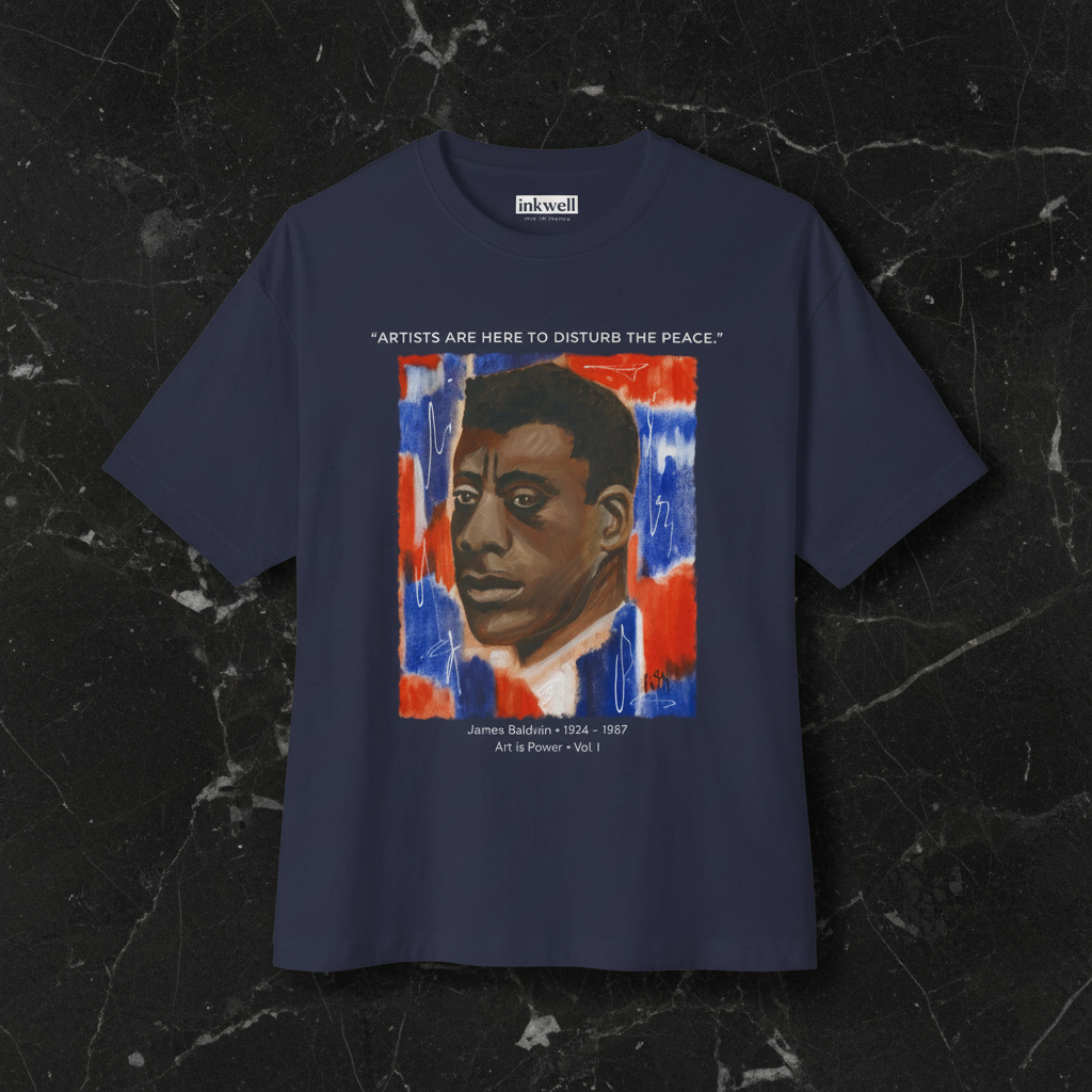 James Baldwin tee navy front flatlay on black marble — Art Is Power Vol. I | Inkwell Fine Art Prints