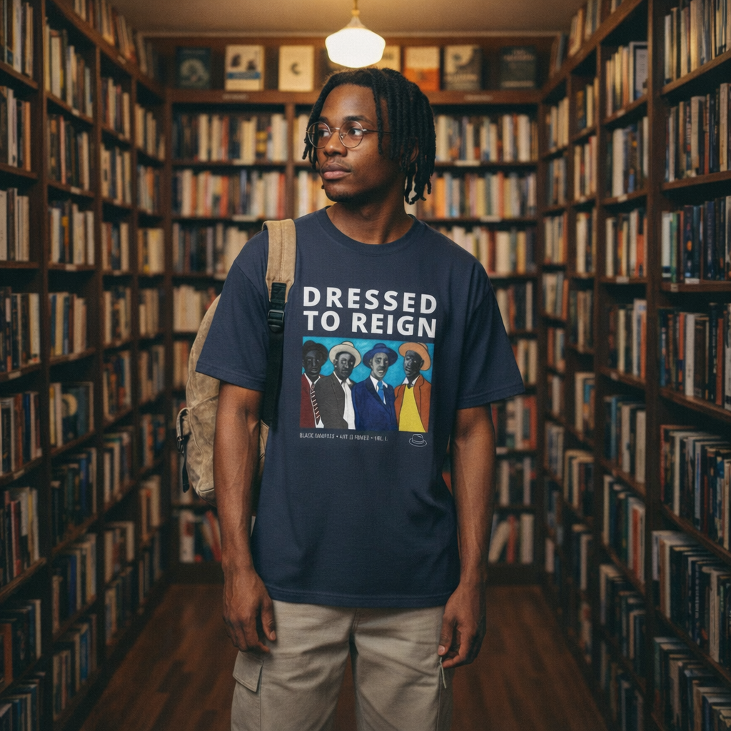 Person wearing Dressed to Reign navy tee in bookshop — Art Is Power Vol. I | Inkwell Fine Art Prints