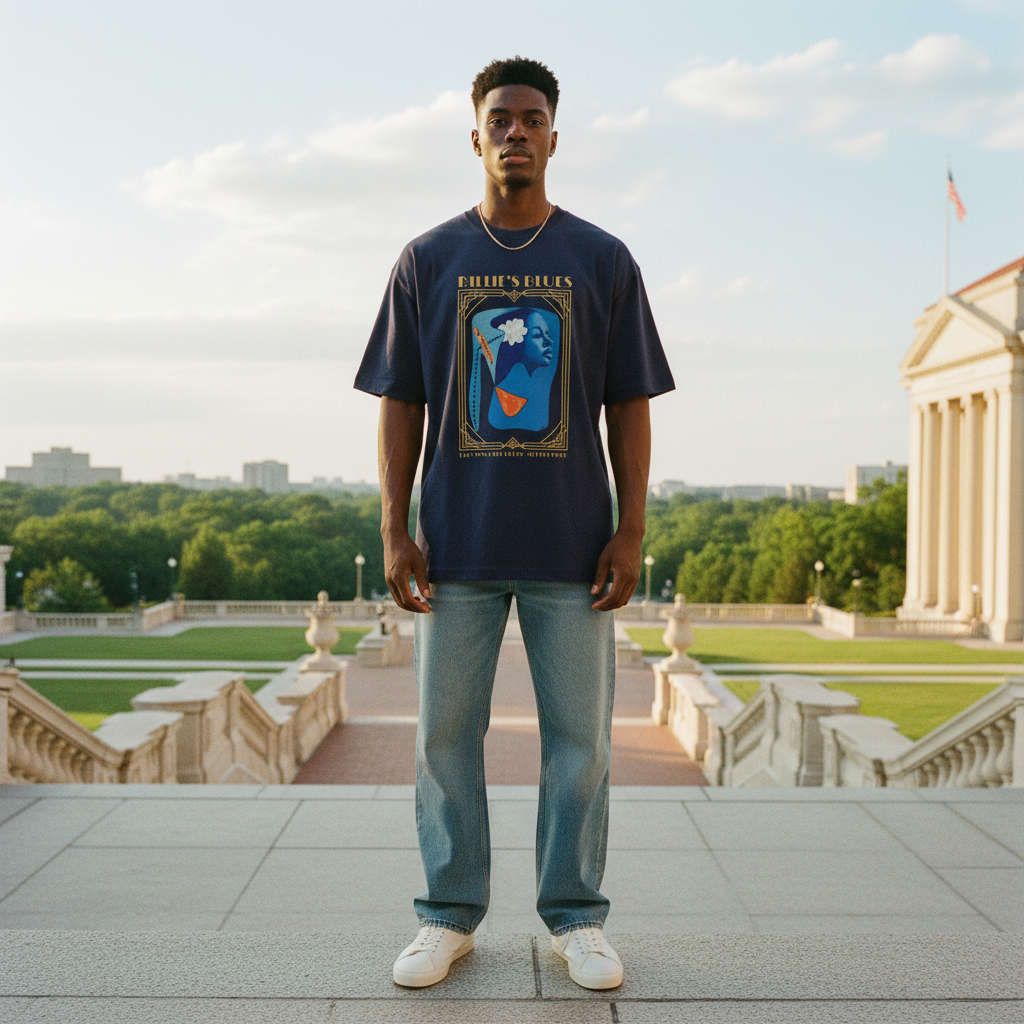 Person wearing Billie Holiday Art Deco navy tee on campus steps — Art Is Power Vol. I | Inkwell Fine Art Prints