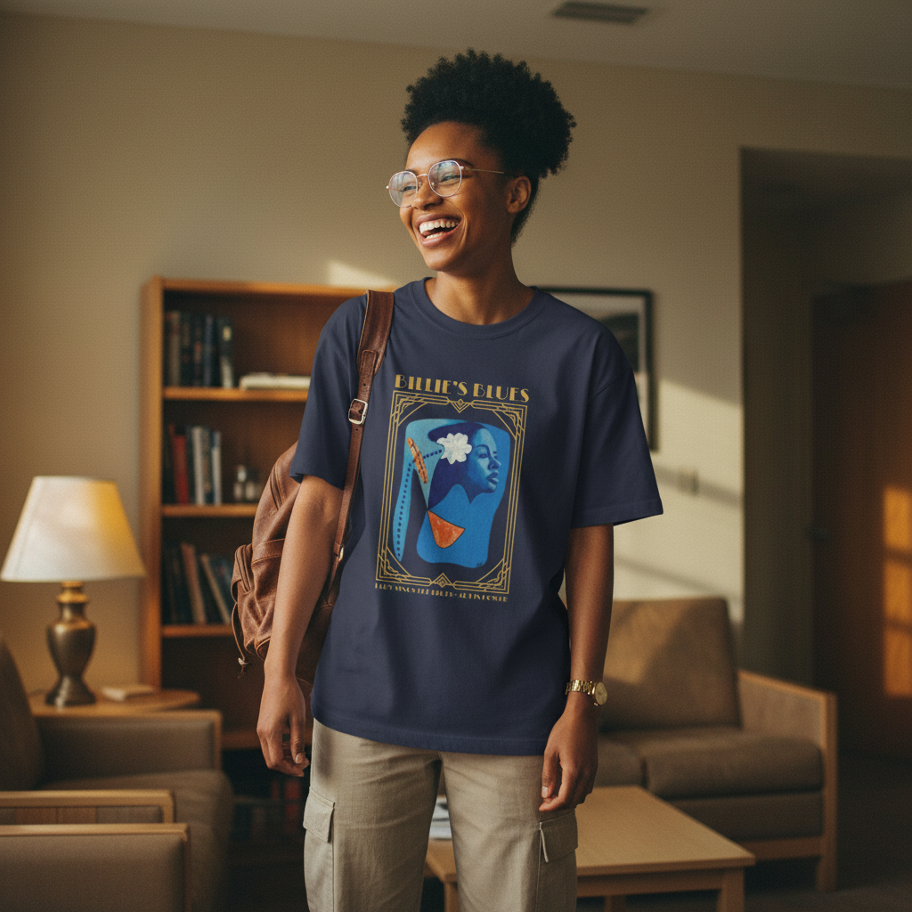 Navy Billie Holiday Art Deco tee dorm room candid lifestyle — Art Is Power Vol. I | Inkwell Fine Art Prints