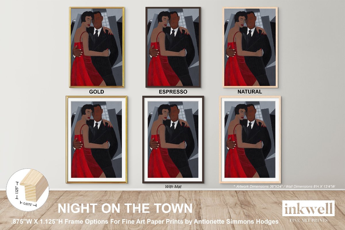 'Night on the Town' art print: Elegantly dressed couple, woman in a red dress and man in a black suit, embracing against a stylized urban backdrop with abstract buildings, capturing a romantic and celebratory evening atmosphere. shown on a wall in gold, espresso, and natural wood frame options