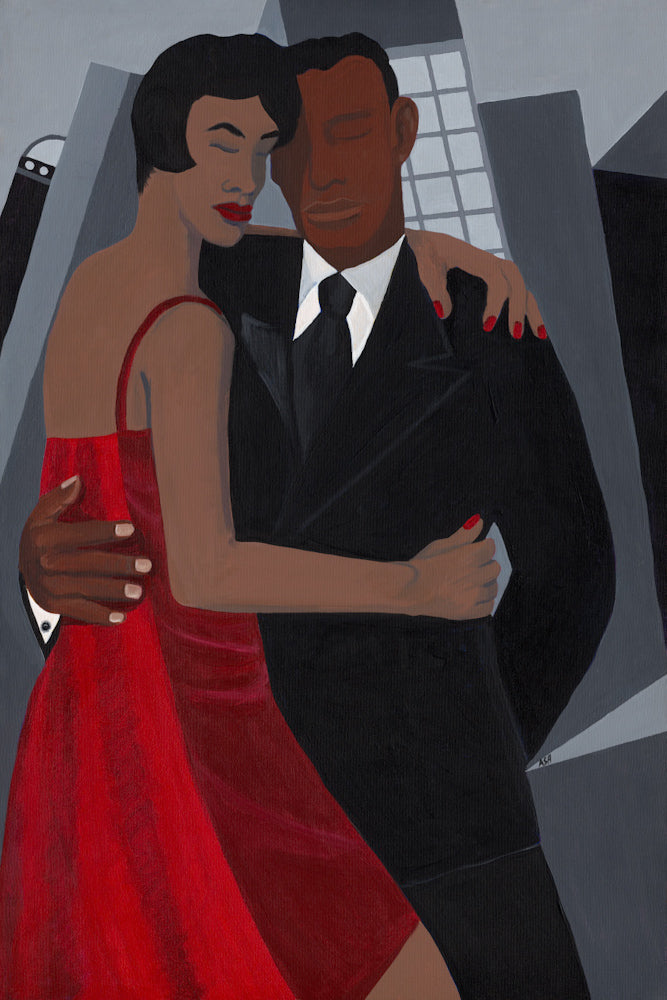 'Night on the Town' art print: Elegantly dressed couple, woman in a red dress and man in a black suit, embracing against a stylized urban backdrop with abstract buildings, capturing a romantic and celebratory evening atmosphere.