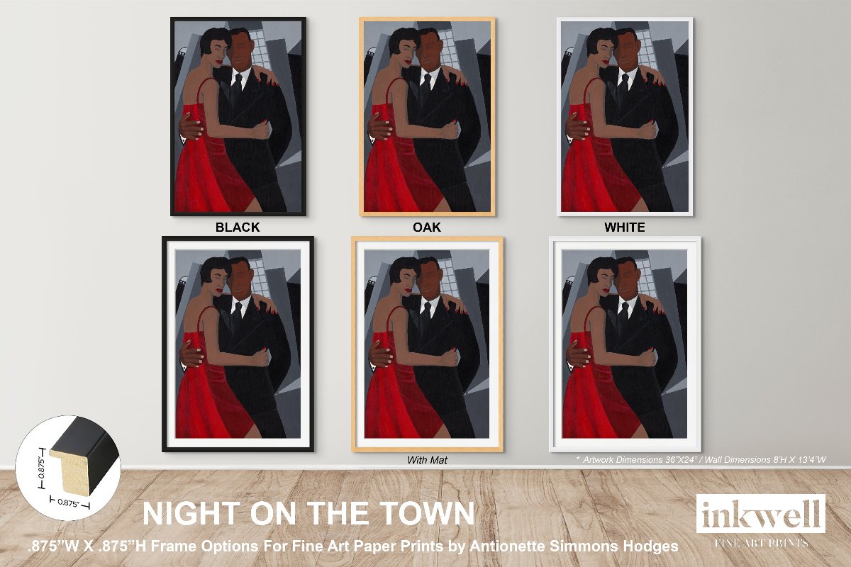 'Night on the Town' art print: Elegantly dressed couple, woman in a red dress and man in a black suit, embracing against a stylized urban backdrop with abstract buildings, capturing a romantic and celebratory evening atmosphere. showing frame options in black, oak, white