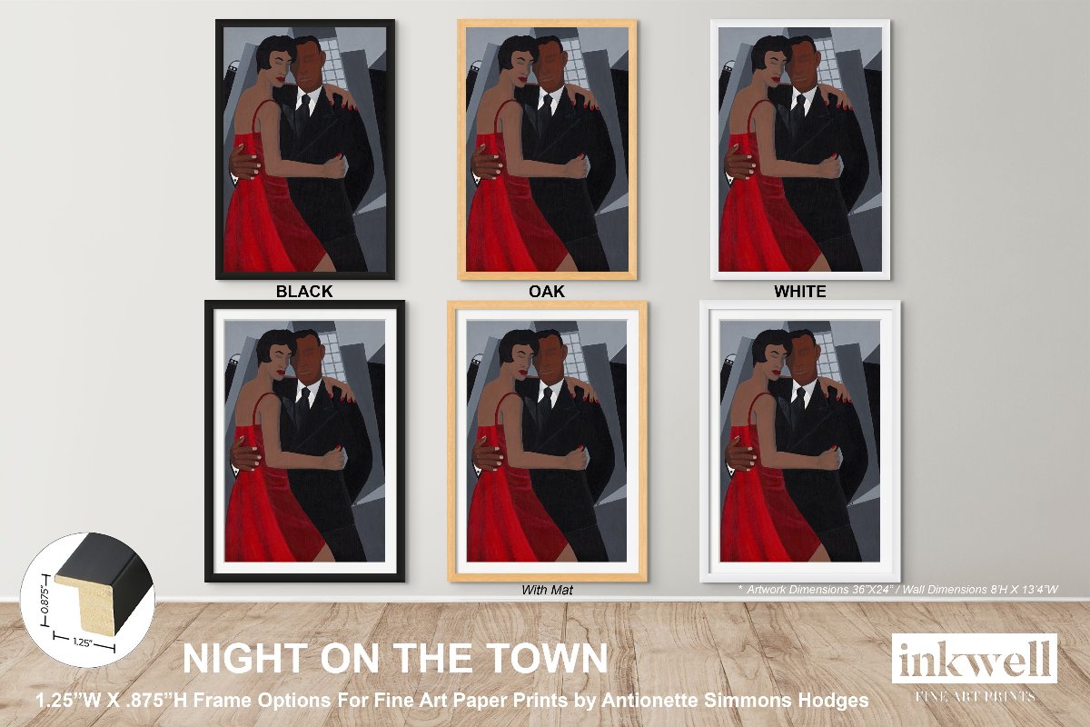 'Night on the Town' art print: Elegantly dressed couple, woman in a red dress and man in a black suit, embracing against a stylized urban backdrop with abstract buildings, capturing a romantic and celebratory evening atmosphere. shown in different frames, black, oak, white