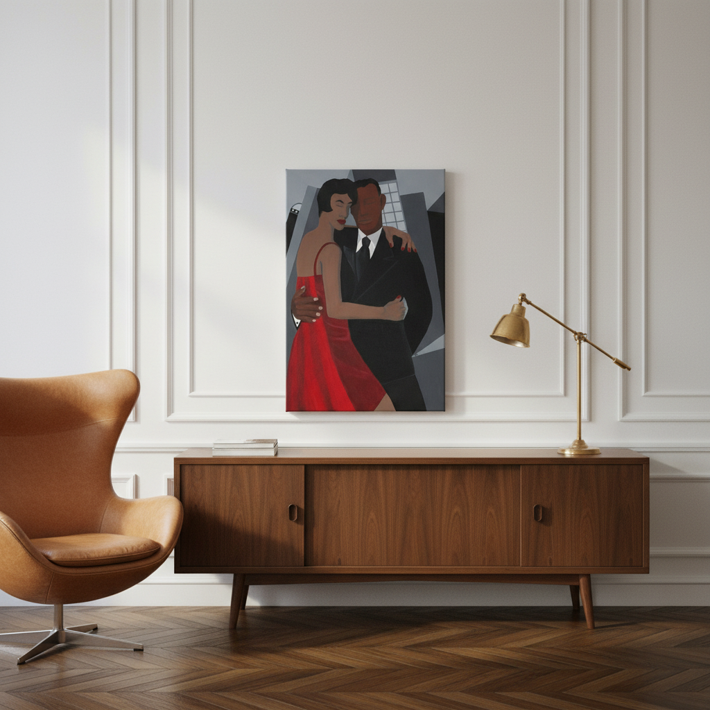 Night on the Town canvas print with Parisian egg chair — Black couple night out canvas wall art