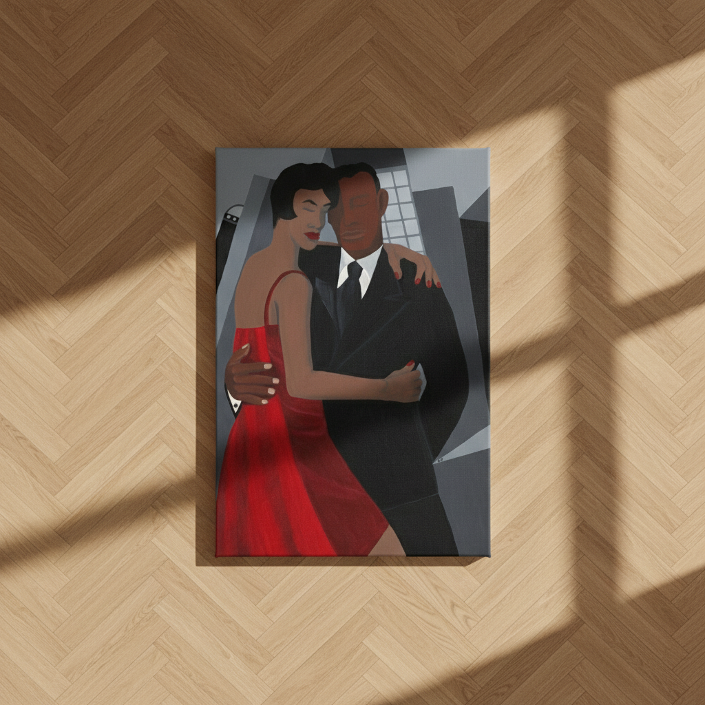 Night on the Town canvas print bird's eye view on floor — Black couple romance canvas art