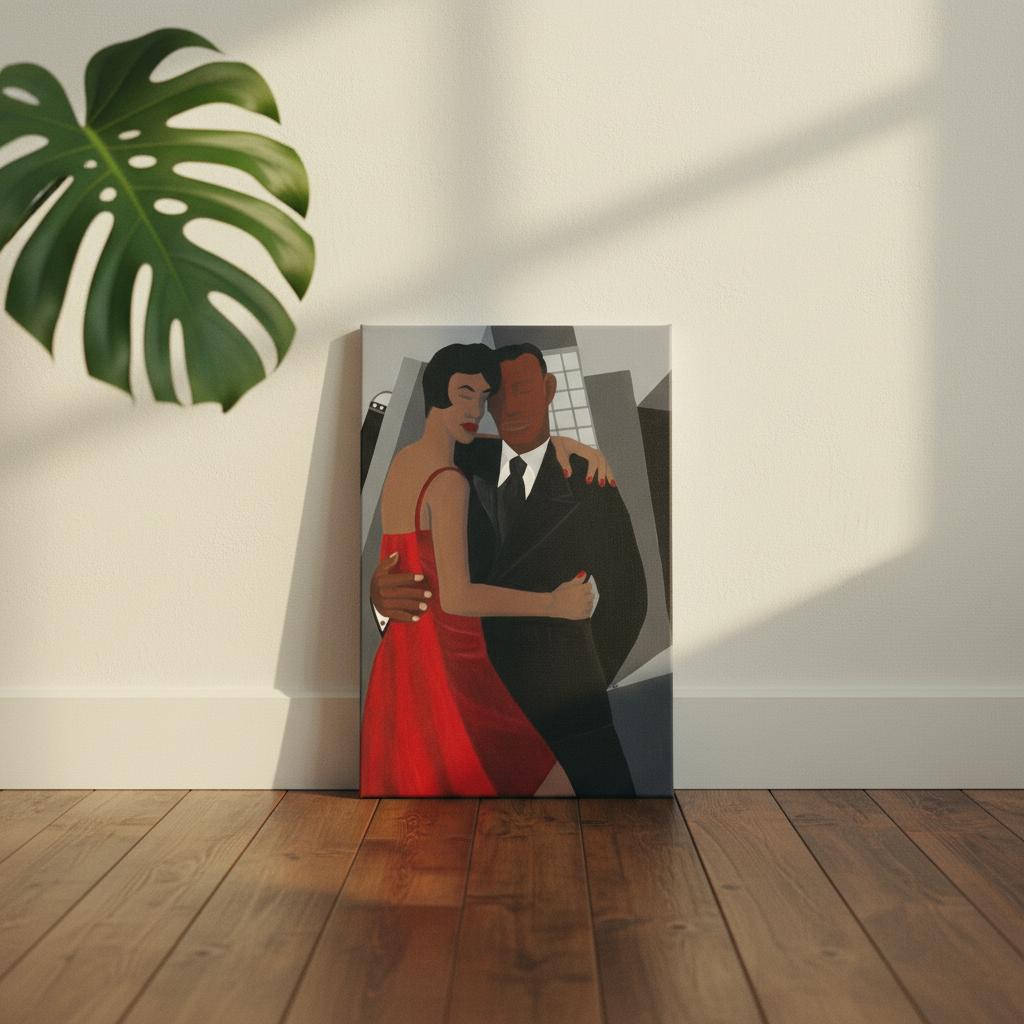 Night on the Town canvas print floor lean with plant — African American couple art on canvas