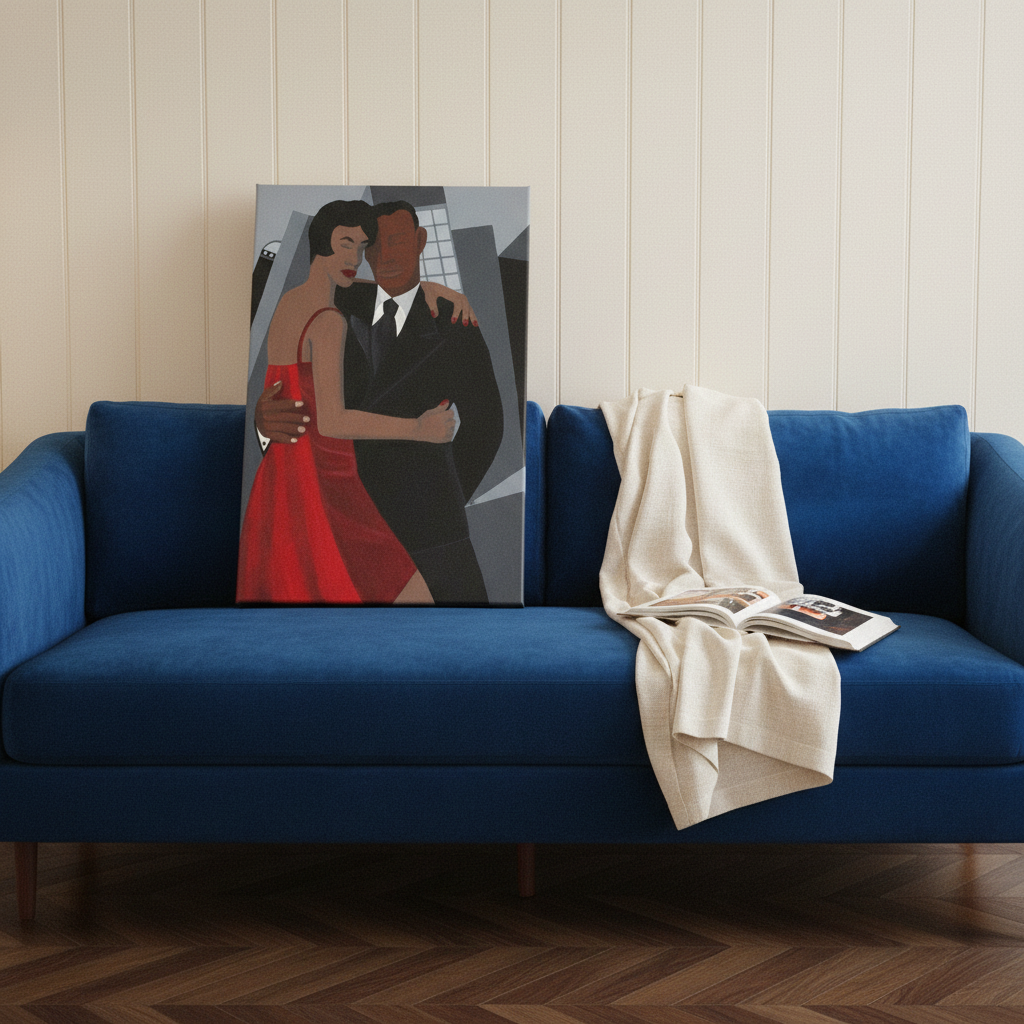 Night on the Town canvas print leaning against sofa — Black couple romance canvas wall art