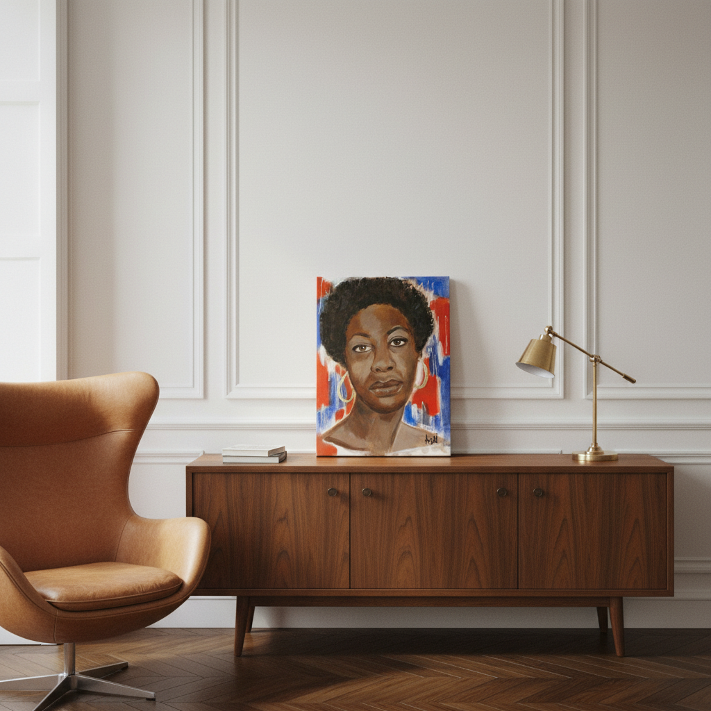 Nina Simone canvas print with Parisian egg chair — Black jazz icon canvas wall art