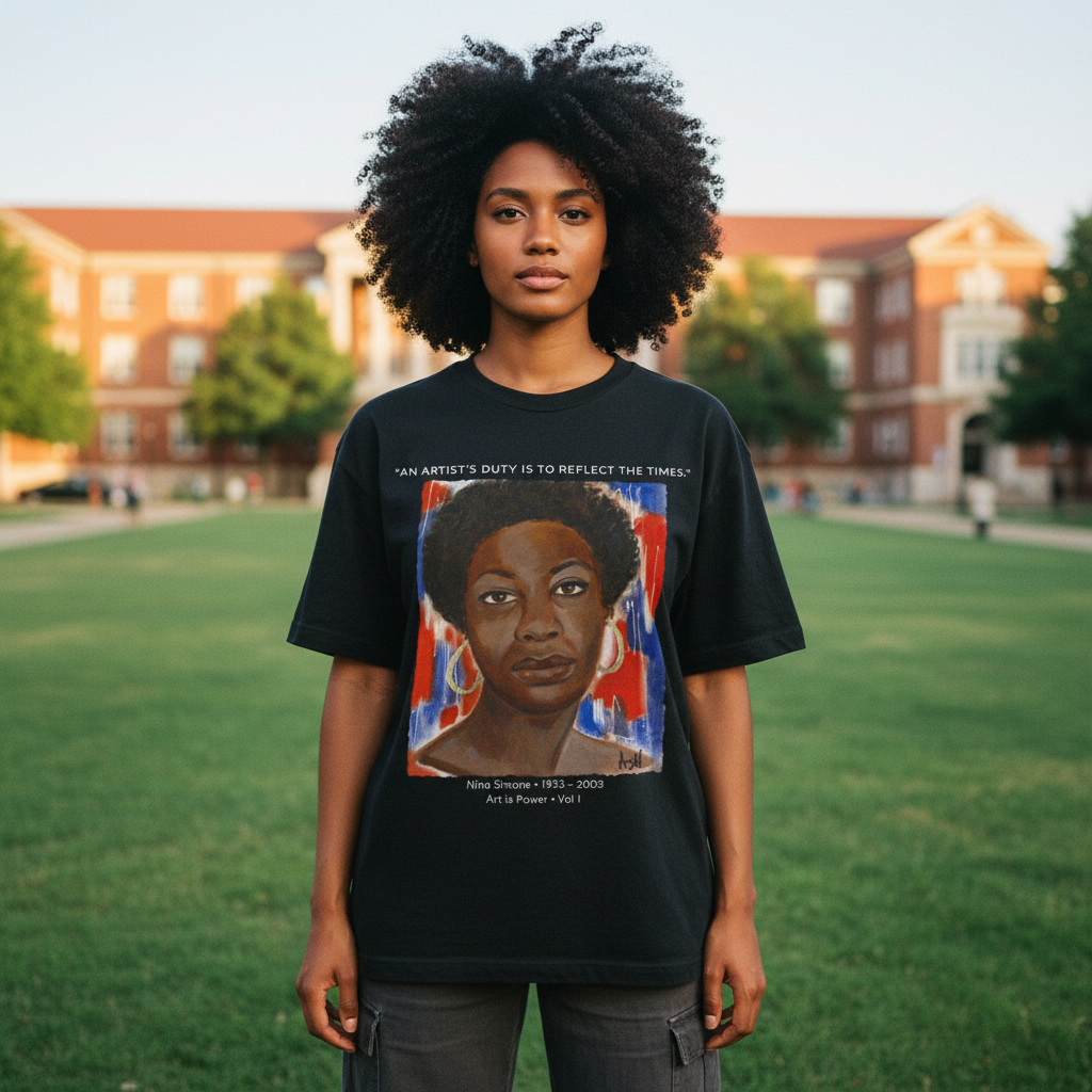 Black woman on HBCU campus wearing Nina Simone black tee — Art Is Power Vol. I | Inkwell Fine Art Prints
