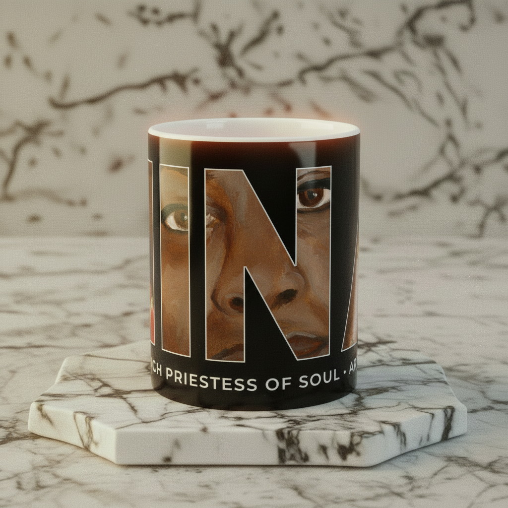 Nina Simone ceramic mug front view on white marble riser — Art Is Power Vol. I by Inkwell Fine Art Prints