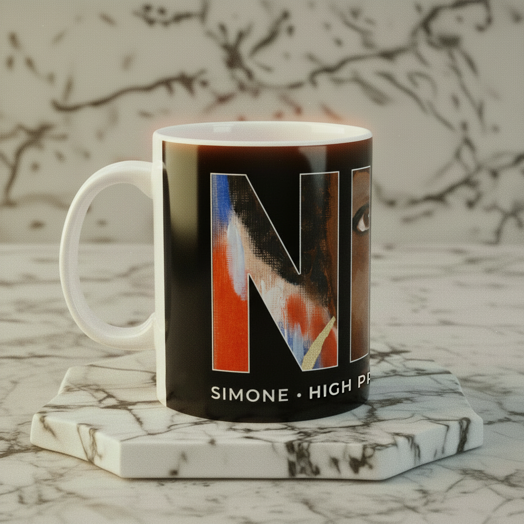 Nina Simone ceramic mug left side view on marble riser — Art Is Power Vol. I by Inkwell Fine Art Prints