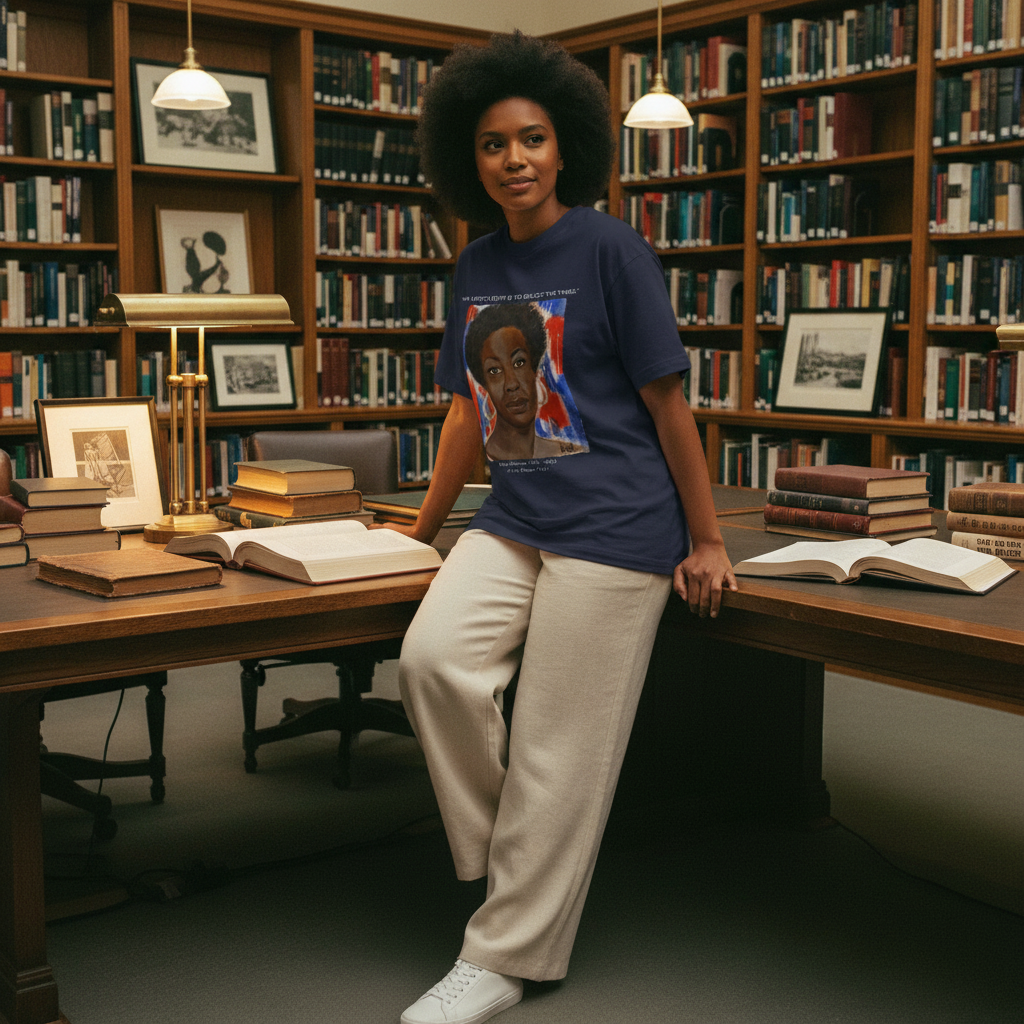 Person wearing Nina Simone navy tee — HBCU portrait — Art Is Power Vol. I | Inkwell Fine Art Prints