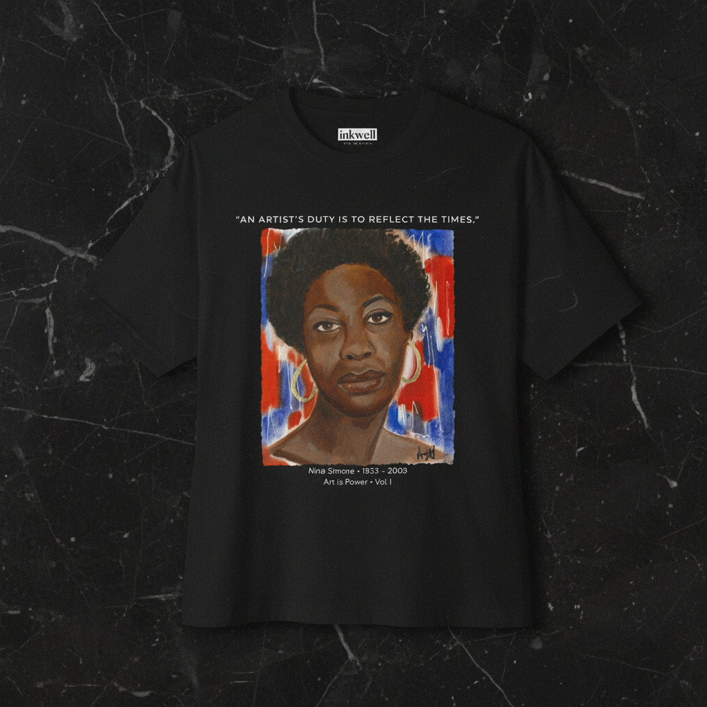 Nina Simone tribute tee front flatlay in black — Art Is Power Vol. I | Inkwell Fine Art Prints