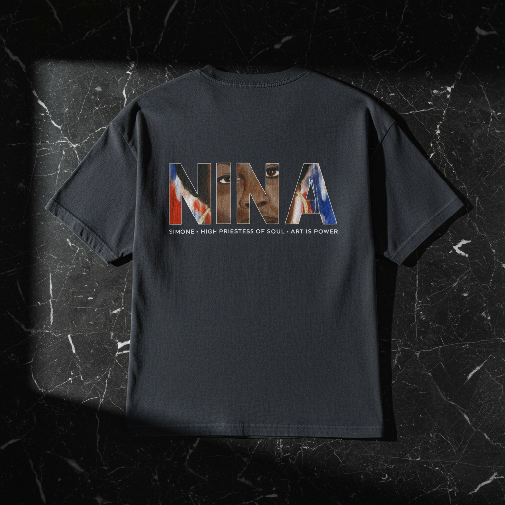 Nina Simone dark grey tee back flatlay — The Nina Simone Set — Art Is Power Vol. I | Inkwell Fine Art Prints