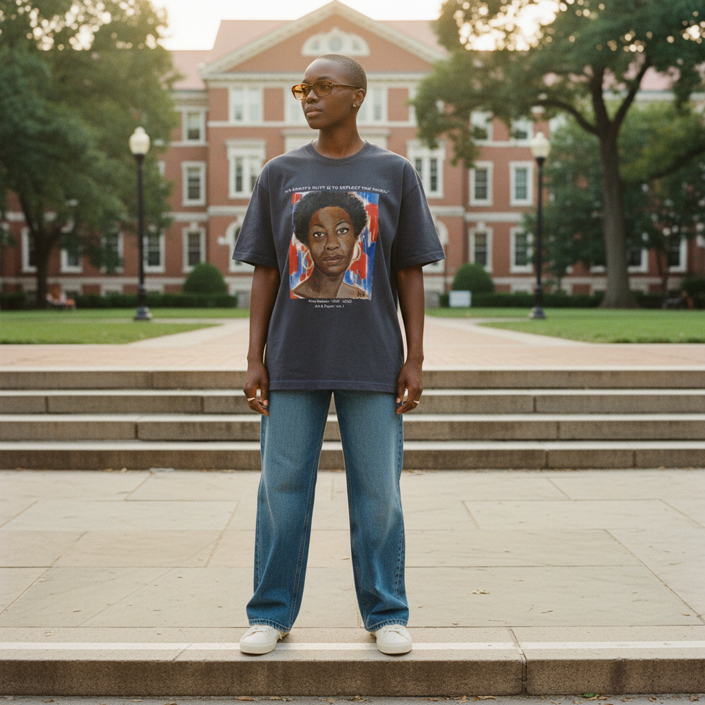 Nina Simone dark grey tee campus lifestyle — The Nina Simone Set — Art Is Power Vol. I | Inkwell Fine Art Prints