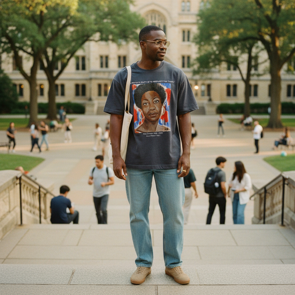 Nina Simone dark grey tee lifestyle shot with canvas tote on campus — Art Is Power Vol. I | Inkwell Fine Art Prints