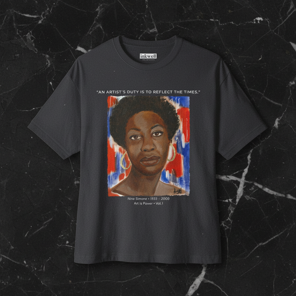 Nina Simone dark grey tee front flatlay — included in The Nina Simone Set — Art Is Power Vol. I | Inkwell Fine Art Prints