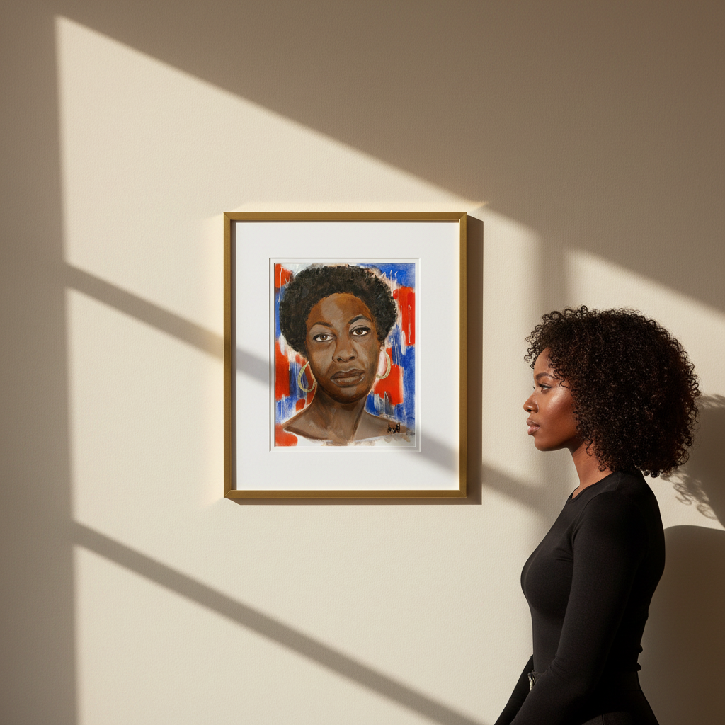 Woman looking at a framed portrait of Nina Simone on a wall with sunlight casting shadows.