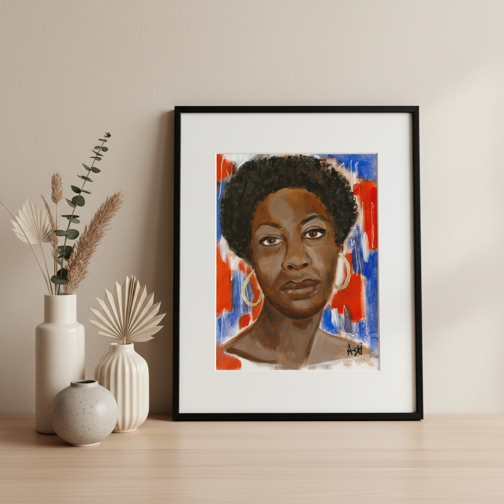 Framed artwork of Nina Simone on a wall with decorative vases below.