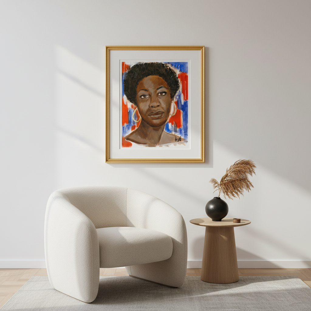 Framed portrait of Nina Simone on a wall above a modern white chair with a side table.