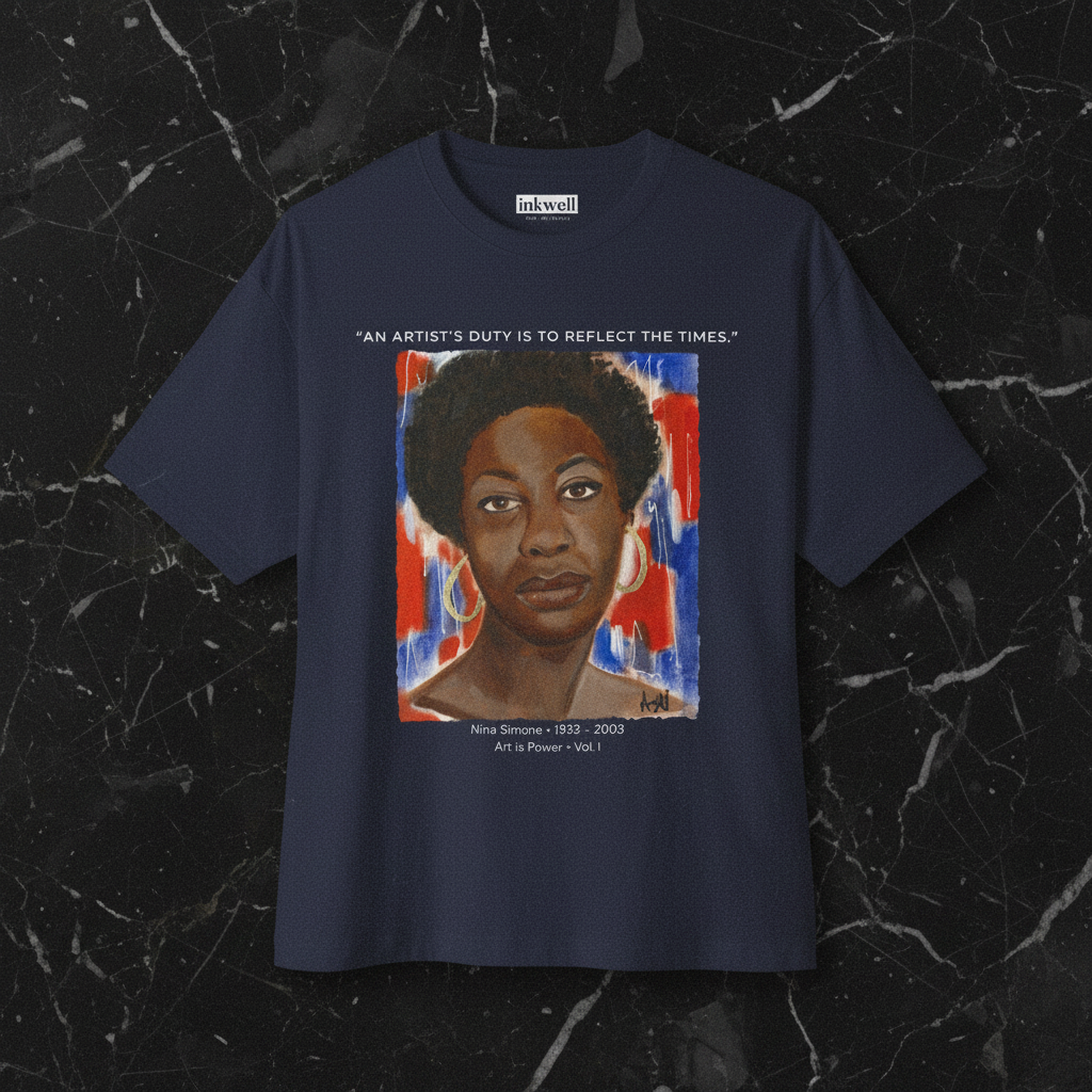 Nina Simone tribute tee front flatlay in navy — Art Is Power Vol. I | Inkwell Fine Art Prints